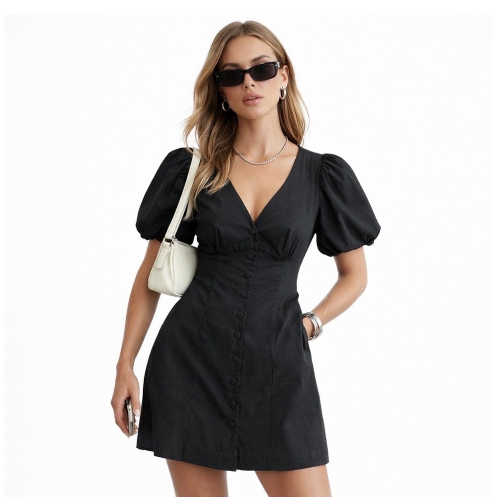 J.crew black puff sleeve button front mini dress classic dark goth